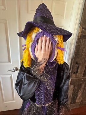Vintage Halloween costume Kids Purple Witch attached hood hat hair kids large